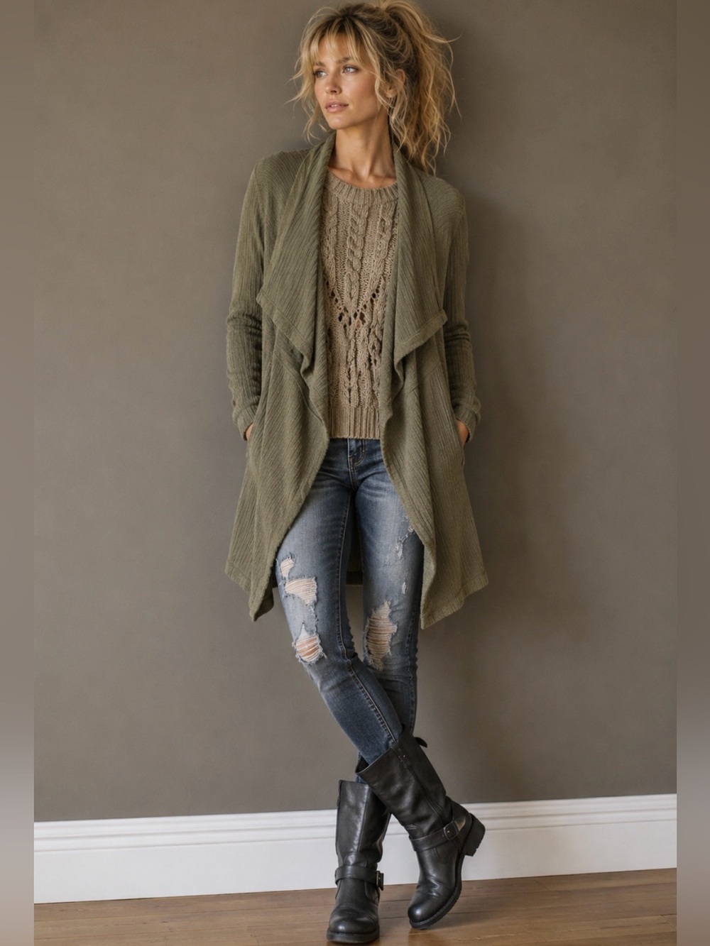 NWT H by Bordeaux Open Front Oversized Waterfall Cardigan
